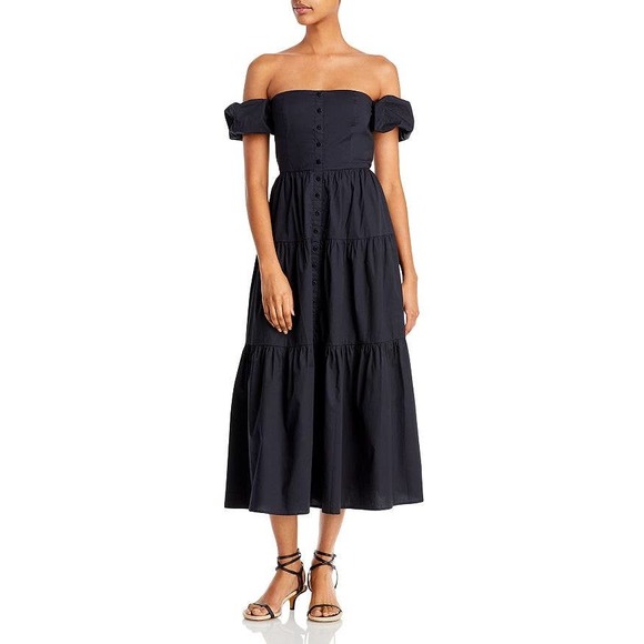 STAUD Dresses & Skirts - Staud Elio Solid Black Off Shoulder Tiered Button Front Short Sleeve Midi Dress